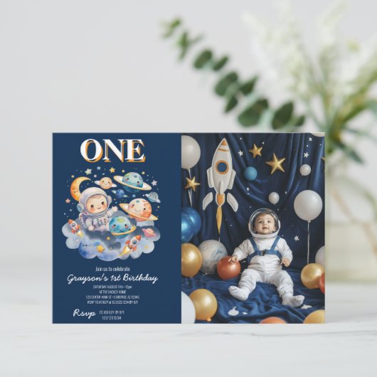 Invitation L'astronaute Planètes spatiales garçon 1er anniver (Debout devant)