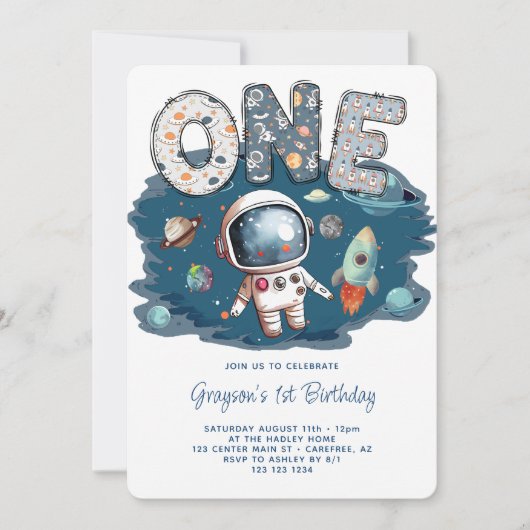 Invitation L'astronaute Rocket de l'espace extérieur 1er anni (Devant)