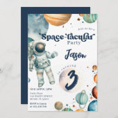 Invitation L'astronaute spatiale Anniversaire bleu (Devant / Derrière)