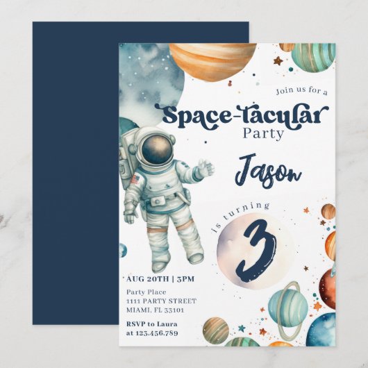 Invitation L'astronaute spatiale Anniversaire bleu (Devant / Derrière)