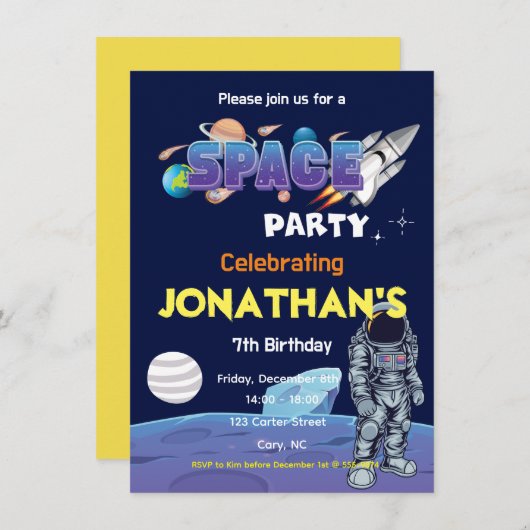 Invitation L'astronaute spatiale Boys fête d'anniversaire (Devant / Derrière)