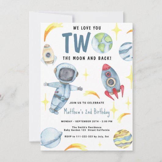 Invitation L'astronaute spatiale Deux lune Anniversaire (Devant)