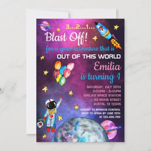 Invitation L'astronaute spatiale Rainbow Balloon Rocket Moon (Devant)