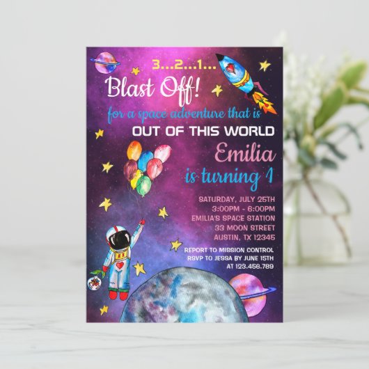 Invitation L'astronaute spatiale Rainbow Balloon Rocket Moon (Debout devant)