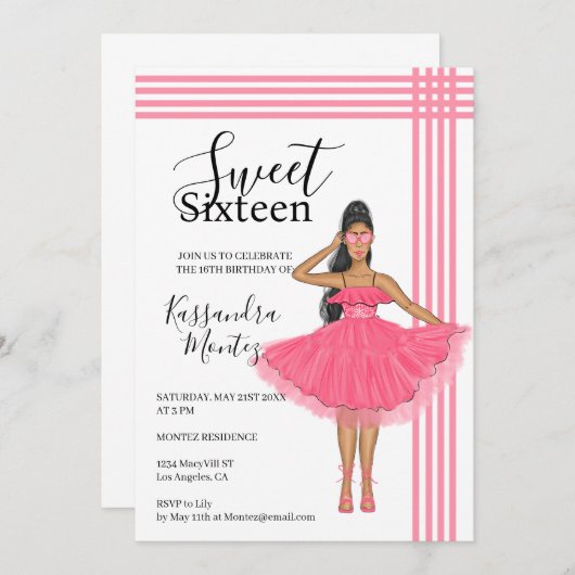 Invitation Latina Babe Rose Douce 16e  (Devant / Derrière)