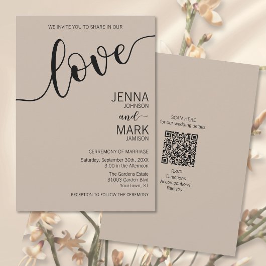 Invitation Latte Mocha Black Love Script Minimalist Wedding