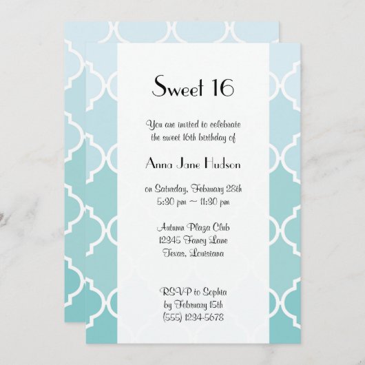 Invitation Latticework bleu, Ombre, Quatrefoil, Sweet 16 (Devant / Derrière)