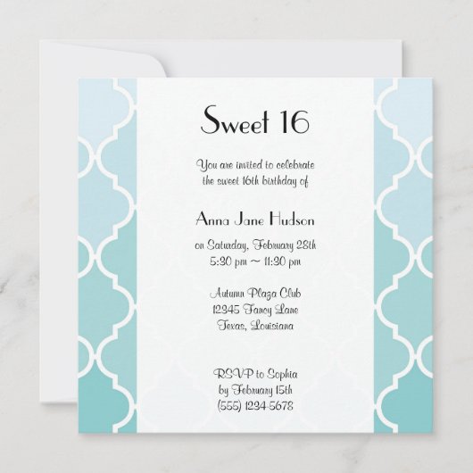 Invitation Latticework bleu, Ombre, Quatrefoil, Sweet 16 (Devant)