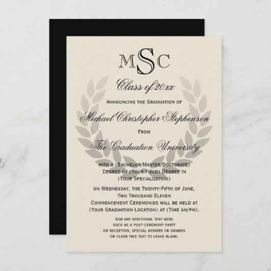 Invitation Laurel Crest Monogram Classic College Graduation (Devant / Derrière)
