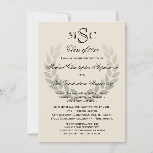Invitation Laurel Crest Monogram Classic College Graduation (Devant)