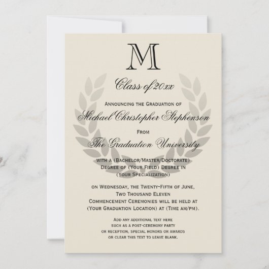 Invitation Laurel Crest Monogram Classic College Graduation (Devant)
