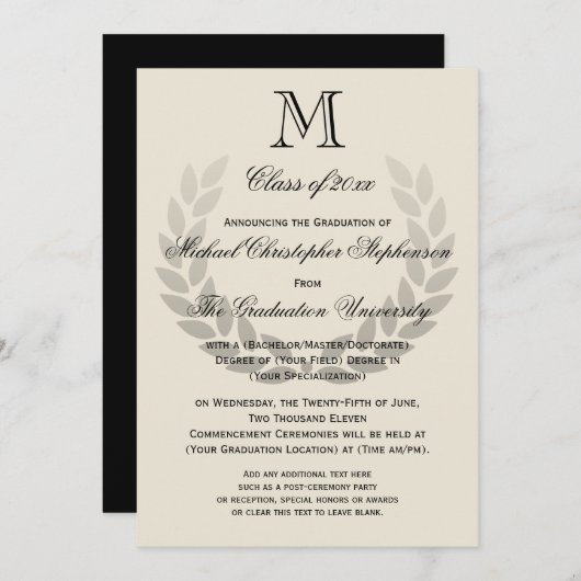 Invitation Laurel Crest Monogram Classic College Graduation (Devant / Derrière)