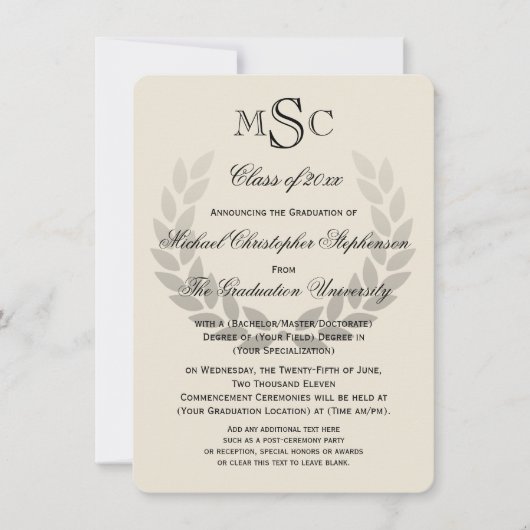 Invitation Laurel Crest Monogram Classic College Graduation (Devant)