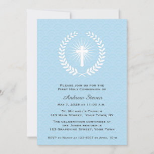 Invitation Laurel, Croix, Bleu, Première communion