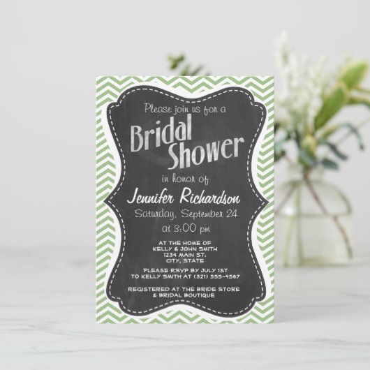 Invitation Laurel Green Chevron Stripes; Chalkboard look (Debout devant)
