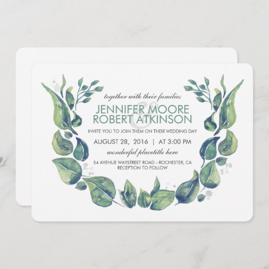 Invitation Laurel Greenery Wreath Watercolor Mariage (Devant / Derrière)