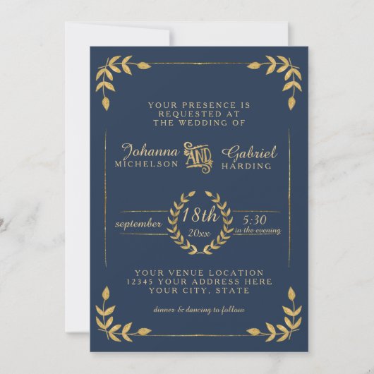 Invitation Laurel Leaf Typographie Marine Gold Mariage modern (Devant)