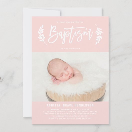 Invitation Laurel Wreath Blush Pink Photo Baptême (Devant)