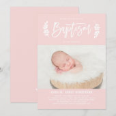 Invitation Laurel Wreath Blush Pink Photo Baptême (Devant / Derrière)