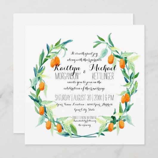 Invitation Laurel Wreath Kumquat Leaf Branch Modern Carré (Devant / Derrière)