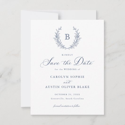 Invitation Laurel Wreath Monogram Crest Wedding Enregistrer l (Devant)