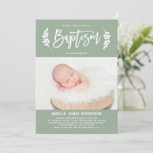 Invitation Laurel Wreath Sage Green Photo Baptême