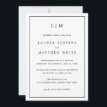 Invitation Lauren Noir et Blanc Elégante Réception de mariage<br><div class="desc">Faire-part Mariage simple avec invitation à la réception avec un design moderne mais élégant avec votre monogramme à deux lettres en haut et vos détails entourés d'une fine bordure. Tout le texte est en noir, sur un arrière - plan blanc et l'arrière est en noir solide. Les polices et les...</div>
