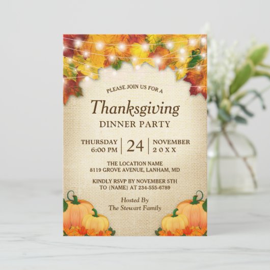 Invitation L'Automne Lights Burlap Thanksgiving Dîner (Debout devant)