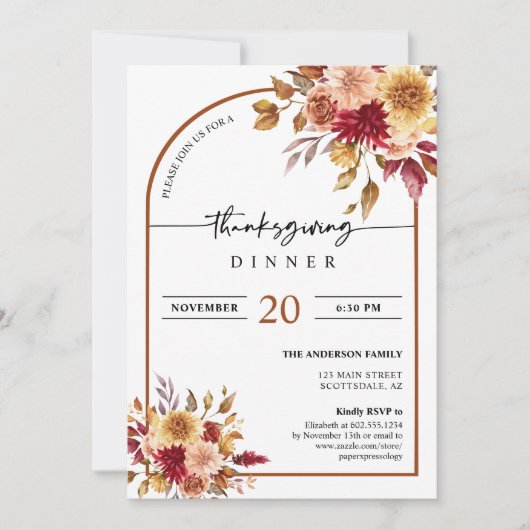 Invitation L'automne quitte Boho Arch Thanksgiving Dîner (Devant)