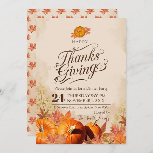 Invitation L'automne quitte Thanksgiving (Devant / Derrière)