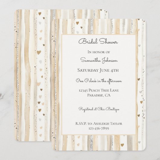 Invitation Lavabo de mariage rayé de cœurs blanc crème (Devant / Derrière)