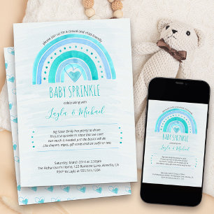 Invitation Lavage à l'aquarelle Cœur Arc-en-ciel Bleu Baby Sp