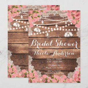 Invitation Lavage de bois rustique Roses roses Élégante douch