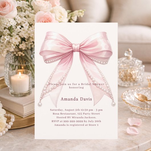 Invitation Lavage de bride élégant perles d'ivoire ruban rose