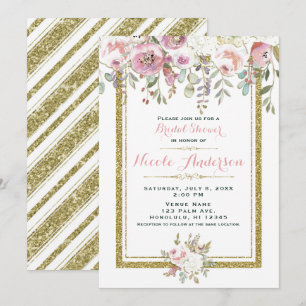 Invitation Lavage de mariée chic floral pastel paillettes dor