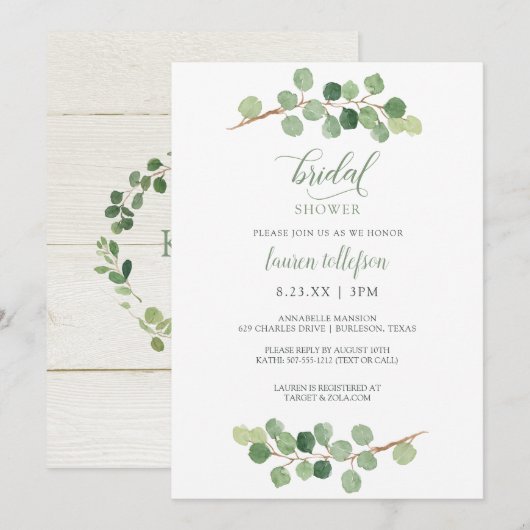 Invitation Lavage de Mariée - Feuillage de Eucalyptus Rustiqu (Devant / Derrière)
