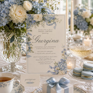 Invitation Lavage de Mariée Hydrangea Bleu Poudre Monogramme