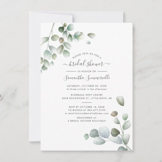 Invitation Lavage de Mariée Script Floral Eucalyptus Botaniqu (Devant)