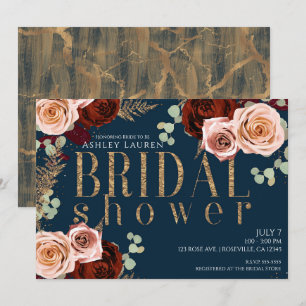 Invitation Lavage Glam Bleu foncé Or Rose Bridal Shower