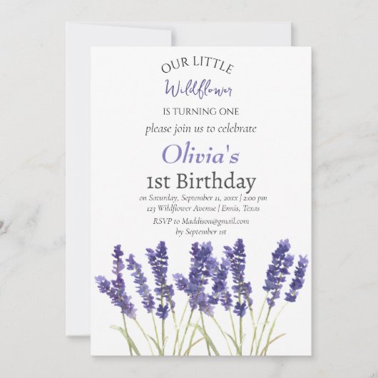 Invitation Lavande 1er Anniversaire Fille Violet Floral (Devant)