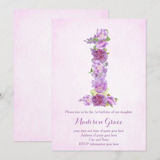 Invitation lavande 1er anniversaire invitations, premier anni (Devant / Derrière)