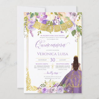 Invitation Lavande Aquarelle violette Florale Or Quinceanera