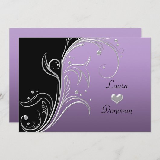 Invitation Lavande Argent Noir Florales Tourbillons Réception (Devant / Derrière)