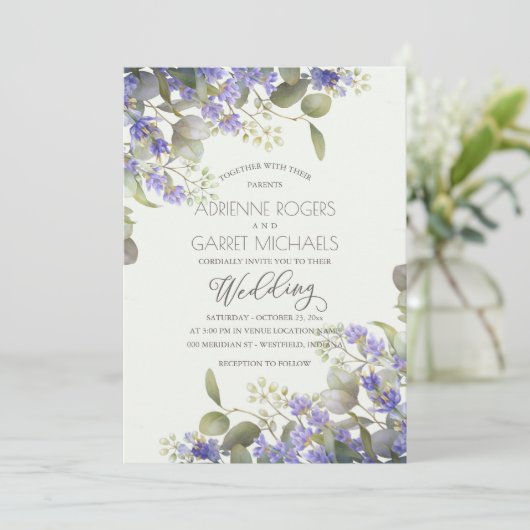 Invitation Lavande avec Mariage de verdure Eucalyptus (Debout devant)