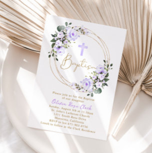 Invitation Lavande Baptême Floral Christening Gold Frame