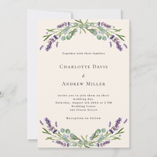 Invitation Lavande beige vert pourpre fleurs mariage (Devant)