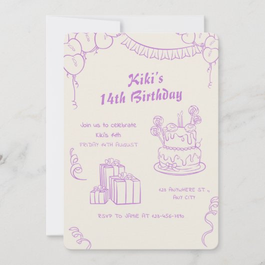 Invitation Lavande Beige Whimsical 14e anniversaire fête (Devant)