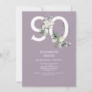 Invitation Lavande Blanc Floral Élégant 90ème anniversaire fê