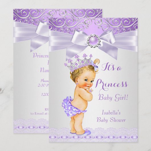 Invitation Lavande blanche Lilac Princesse Baby shower Blonde (Devant / Derrière)