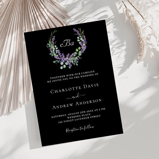 Invitation Lavande blanche noire violet floraux luxe mariage